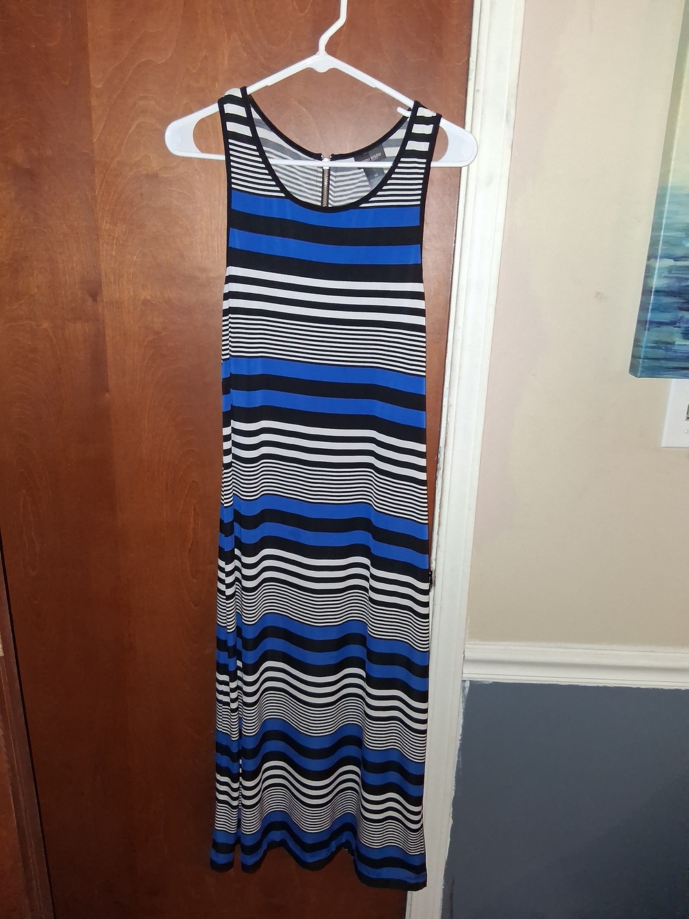 Bisou Bisou Blue, Black & White Striped Sleeveless Maxi Dress